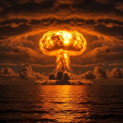 Nuclear explosion mushroom cloud over water atomic bomb test orange sky war danger radiation apocalypse 100kt