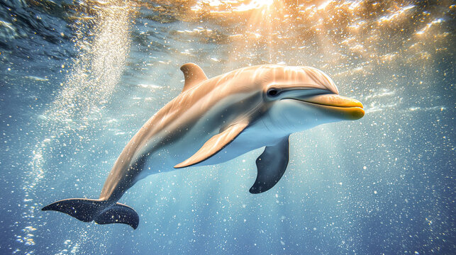 Pink river dolphin swims in sunlit water. Gentle and curious.A solitary boto glides through clear, bright water. Peaceful underwater scene.