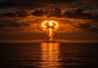 Nuclear explosion over ocean waves atomic bomb detonation mushroom cloud war disaster danger radiation fallout test