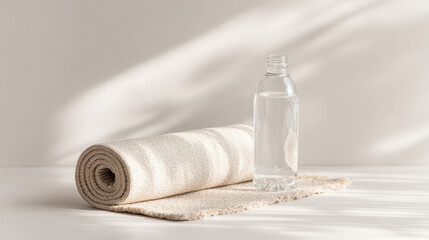 minimalist fitness mat with focus on transparent glass of water set against clean light gray background