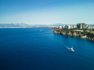 Fototapeta premium boat sailing along anatolian coast - drone view in turkey
