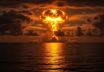 Nuclear explosion mushroom cloud over ocean water during sunset atomic bomb test radiation danger fallout effect