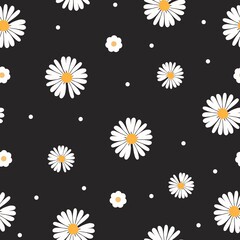 Cute daisy flower pattern on black background. Fun floral design perfect for fabric, wallpaper, stationery, gift wrap, and spring or summer themed projects.