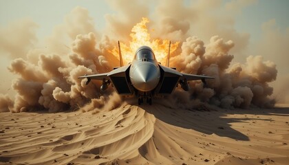 Military aircraft crashing into sand hill with nose-first impact and flames, ideal for military crash scenes or desert warfare concept art