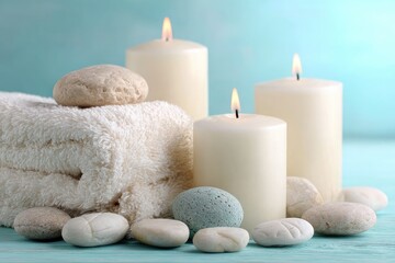 Spa-themed still life with candles, towels, and stones
