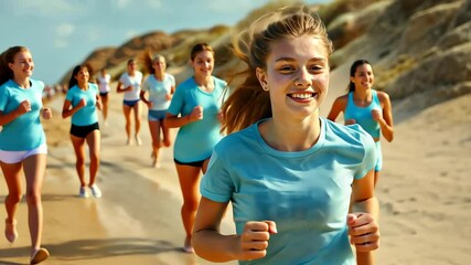 Coastal Runners: A spirited group of female runners sprints along a sandy beach, the ocean breeze ruffling their hair as they embrace the freedom and joy of a seaside run. 
