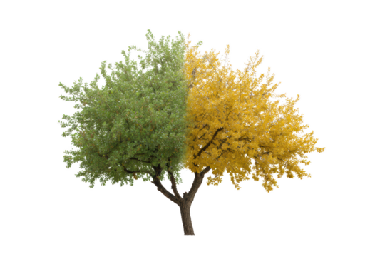 A vibrant tree showcases nature's duality, with one side blossoming in lush green and the other adorned in golden yellow, depicting the changing seasons and life's contrasts.
