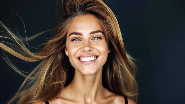 Radiant Beauty: A portrait of a beautiful woman with a captivating smile and flowing hair, exudes confidence and joy, inviting viewers into a world of effortless elegance.