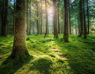 Obraz premium lush green forest floor covered in moss with sunlight filtering through trees