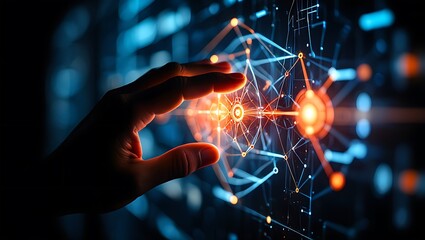 Exploring the Digital Landscape A Hand Interacting with Complex Network Data