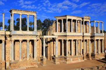 Obraz premium Merida, Badajoz Province, Extremadura, Spain The first century BC Roman theatre. UNESCO World Heritage Site.