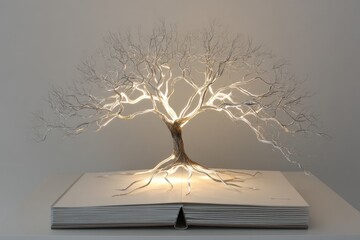 Illuminated, wire tree sculpture, book backdrop