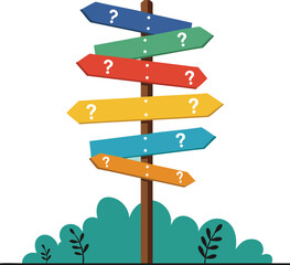 Colorful directional signpost with question marks on multiple arrows pointing different ways in vector illustration 