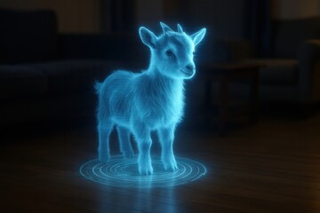 Holographic projection of a goat standing in a living room