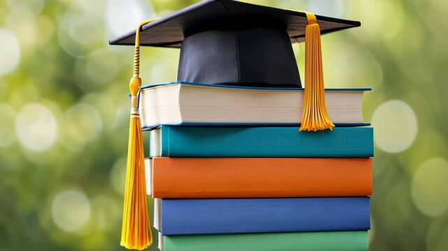 Graduation Cap on Books: A black graduation cap rests atop a stack of colorful textbooks, symbolizing the culmination of academic achievement and the pursuit of knowledge. - Powered by Adobe