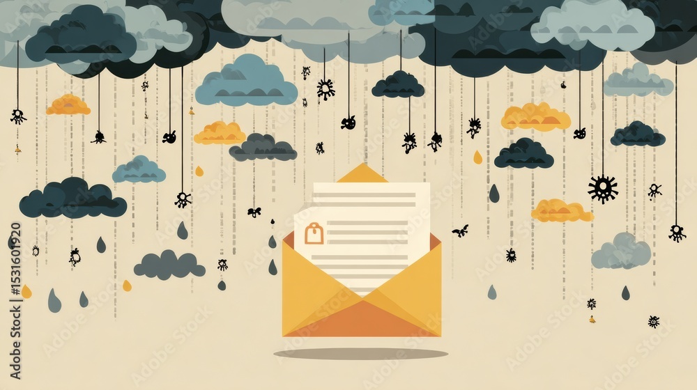 Poster phishing email in cyberspace surrounded by malware clouds with a clear zone present for security awa