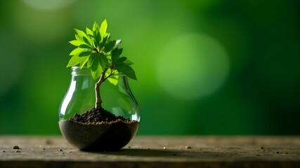 Growing plant in a glass vase on wooden surface surrounded by soft green background and natural light