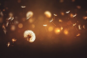 Obraz premium Dandelion seeds in flight, warm brown background