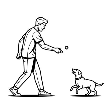 A man playing fetch with a dog in a simple line art style