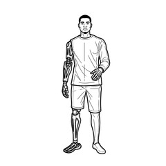 Obraz premium Young man with a prosthetic arm and leg standing confidently in a casual outfit