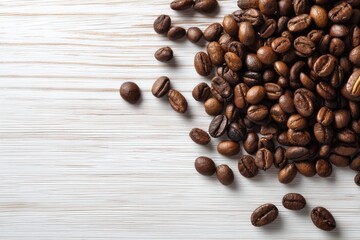 Roasted coffee beans scattered on a light wood surface