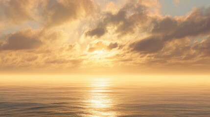Naklejka premium Mindfulness concept Serene sunset over calm ocean waters with vibrant clouds reflecting golden light.