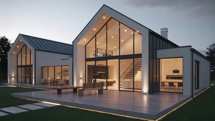Exterior view of modern home with large windows and outdoor patio at dusk showcasing architectural design