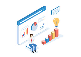 Isometric business analytics concept with charts and ideas