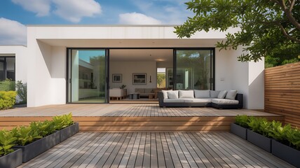 Modern house with wooden deck, sliding glass doors, outdoor sofa, and planter boxes under a blue sky