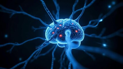 Illuminated neuron cell with branching dendrites against a dark blue to black background view - Powered by Adobe