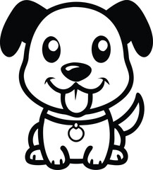 Cute Cartoon Dog Vector Illustration – Happy Puppy with Collar and Tongue Out and black and white