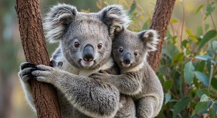 Adorable Koala Mom and Joey Clinging to a Tree Branch