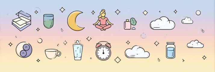 Wellness Routine Infographic for Better Sleep Featuring Calming Icons and a Minimalist Pastel Design