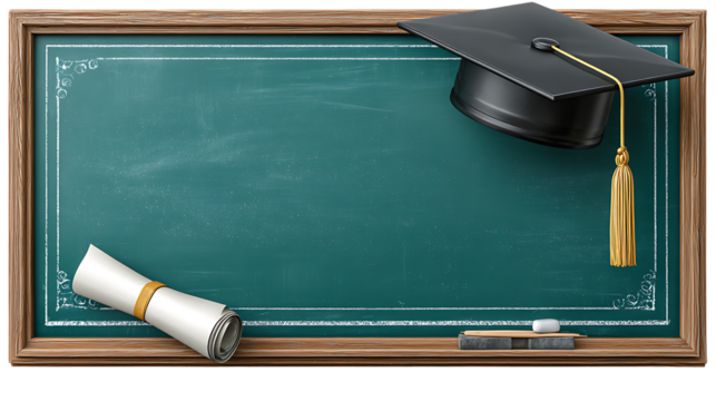 Graduation Blackboard with Mortarboard Diploma and Chalkboard Accessories