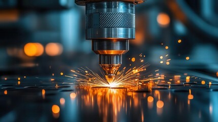 Closeup of automated welding machinery, dark background, intense lighting, high detail