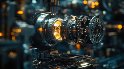 Closeup of automated welding machinery, dark background, intense lighting, high detail