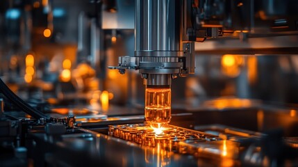 Closeup of automated welding machinery, dark background, intense lighting, high detail