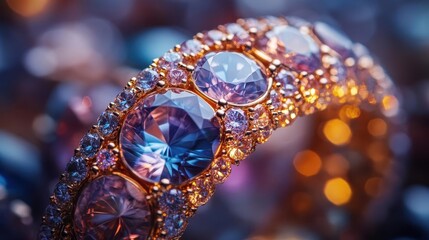 Closeup of fine jewelry with holographic gemstones, vibrant lighting, intricate details