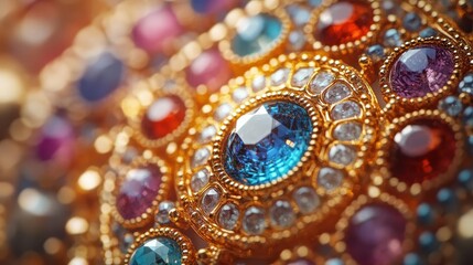Closeup of fine jewelry with holographic gemstones, vibrant lighting, intricate details