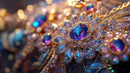 Closeup of fine jewelry with holographic gemstones, vibrant lighting, intricate details