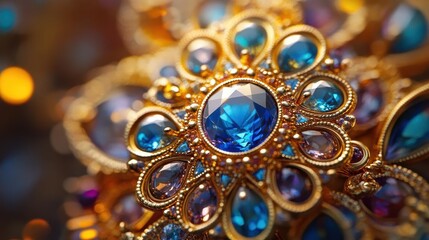 Closeup of fine jewelry with holographic gemstones, vibrant lighting, intricate details