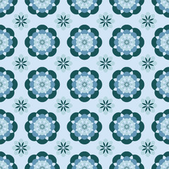 Symmetrical circular motif with teal, blue, and white accents, inspired by traditional tile patterns. Ideal for fabric, digital backdrops, or classic decor applications.