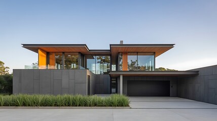 Exterior view of a modern gray house with large windows and a flat roof with green grass in the front yard