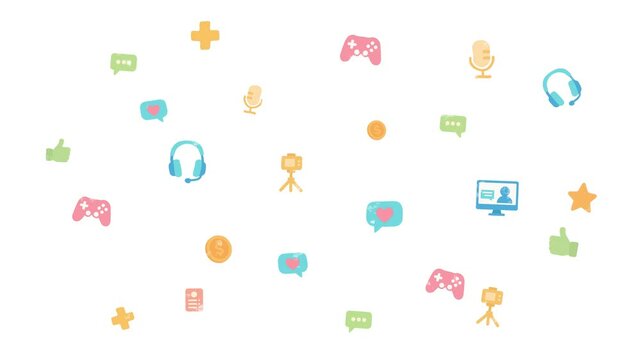 Looping animation of streaming and gaming concept icons, including game controllers, microphones, headsets, chat bubbles, cameras, and monitors on a white background.