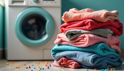 Dirty laundry clothes stacked, piled up next to the washing machine, colorful laundry clothes waiting to wash, created with generative ai