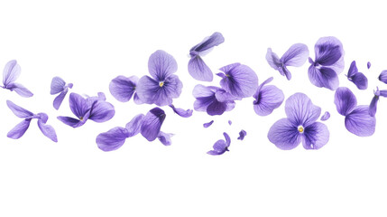 Levitation of shimmering wild violet petals twirling in enchanted air currents isolated on white background 