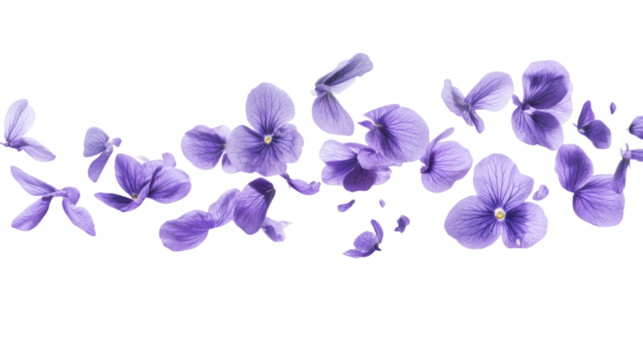 Levitation of shimmering wild violet petals twirling in enchanted air currents isolated on white background 