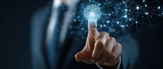 A hand points to a digital brain, network graphic