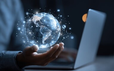 Holographic Earth in a hand over a laptop