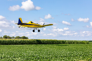 Crop duster airplane spraying chemicals on cornfield. Fungicide, pesticide and crop spraying...